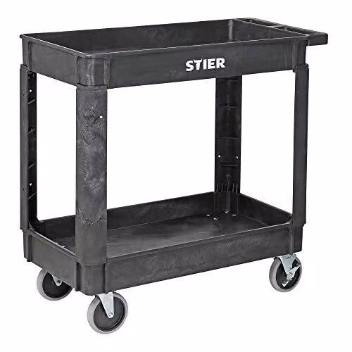 Carrello multiuso STIER in plastica con 2 ripiani e 4 ruote sterzanti, portata 250 kg, dimensioni: 870 x 430 x 850 mm, carrello di montaggio, carrello portautensili, colore grigio