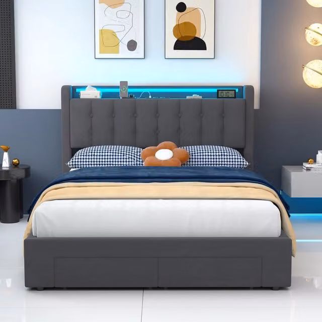 Letto imbottito 140x200 cm con illuminazione a LED, letto contenitore in velluto con cassetti e prese elettriche, senza materasso