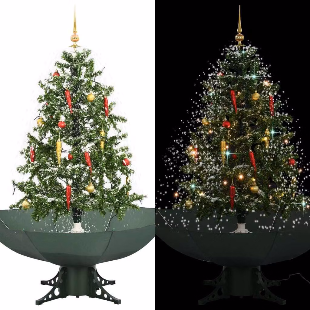 The Living Store Albero di Natale innevato con base a ombrello verde 140 cm