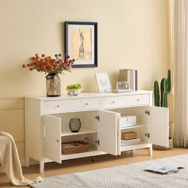 Credenza bianca moderna 160x40x82 cm; mobile buffet con 2 cassetti e 4 ante; maniglie dorate; per sala da pranzo e soggiorno