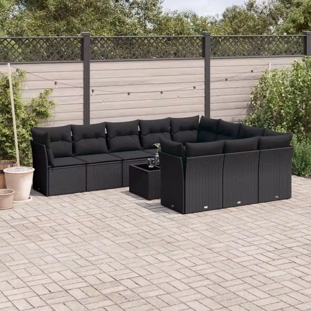 Set di Divani da Giardino VIDAXL in Polyrattan Nero con Cuscini, Design Moderno a L, 11 Pezzi