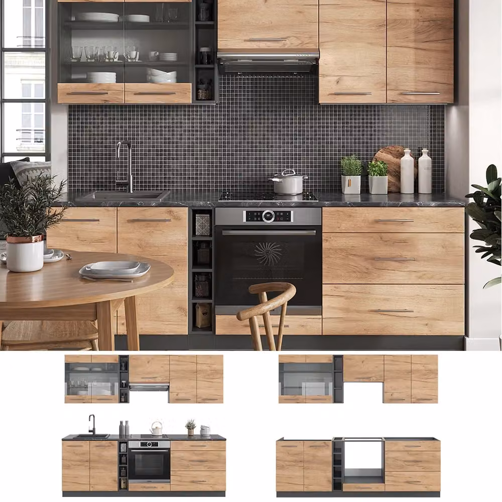 Cucina componibile moderna Vicco Fame-Line in rovere dorato e antracite, L: 235 cm – 2