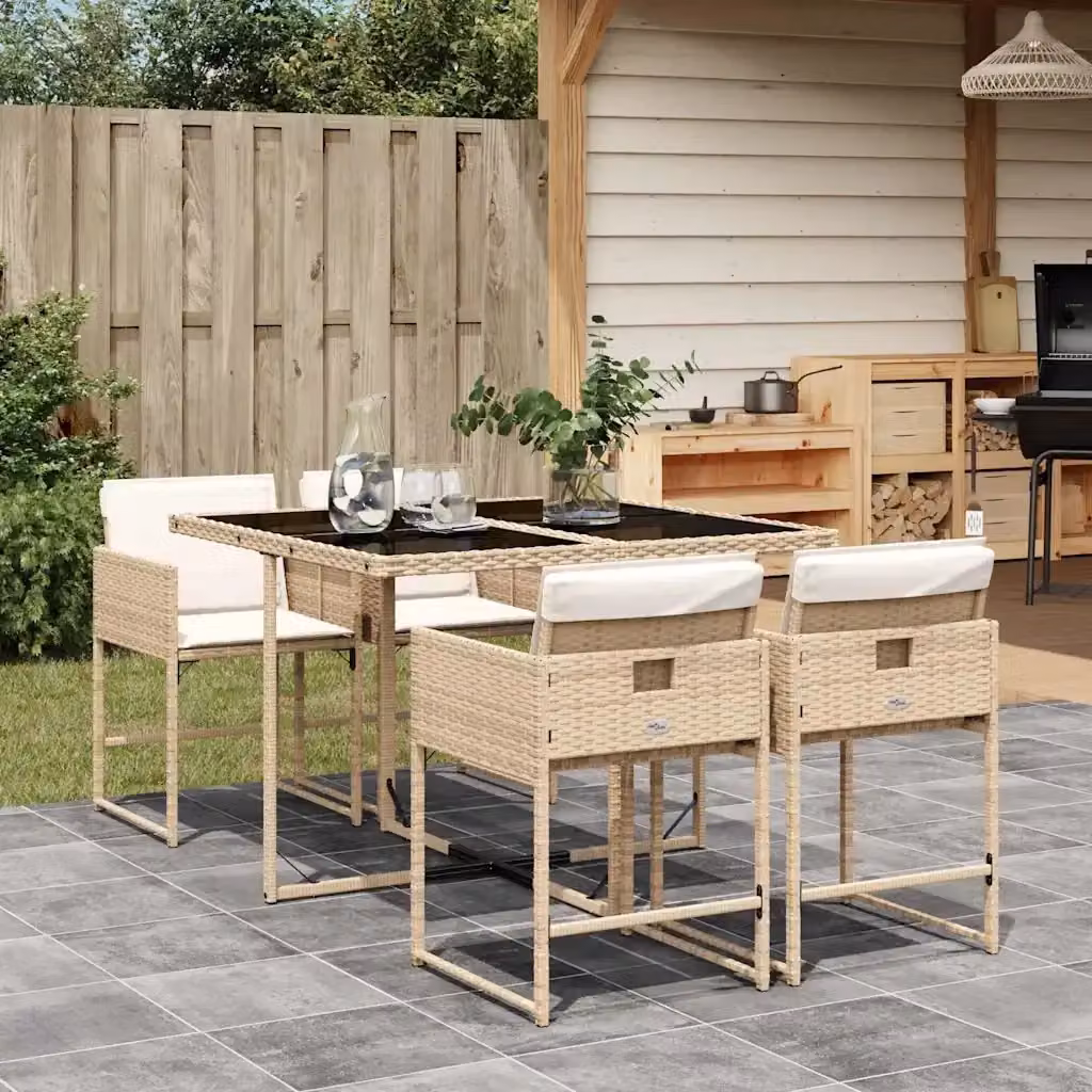 Set da Pranzo da Giardino 5 pz in Polyrattan con Tavolo in Vetro e Cuscini Beige – 2