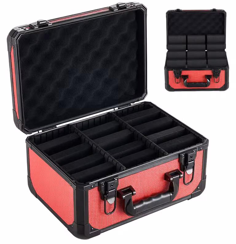 Contenitore per la conservazione di carte collezionabili SucceBuy, rosso, per 96 carte incapsulate PSA, compatibile con 76 carte SGC, 68 carte BGS, 347 toploader o più di 999 carte sfuse, con 3 file, maniglia per il trasporto, 12 scomparti divisori e chia