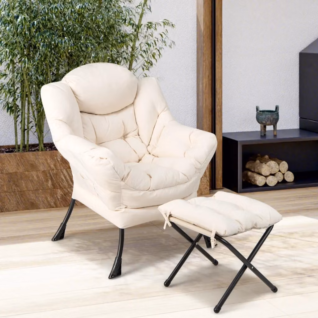 Poltrona da lettura moderna beige con cuscino, braccioli e tasca laterale per adulti – 2