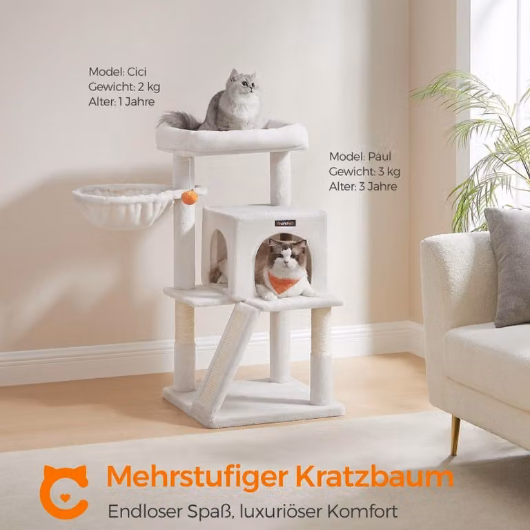 Albero per gatti con casetta – Tiragraffi – Pannello di fibra a media densità e peluche – 48 x 48 x 96 cm