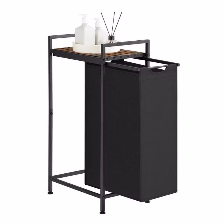 Cesto Portabiancheria con Piano Portaoggetti e Sacco Rimovibile, Marrone Vintage + Nero Inchiostro / 1 x 46L