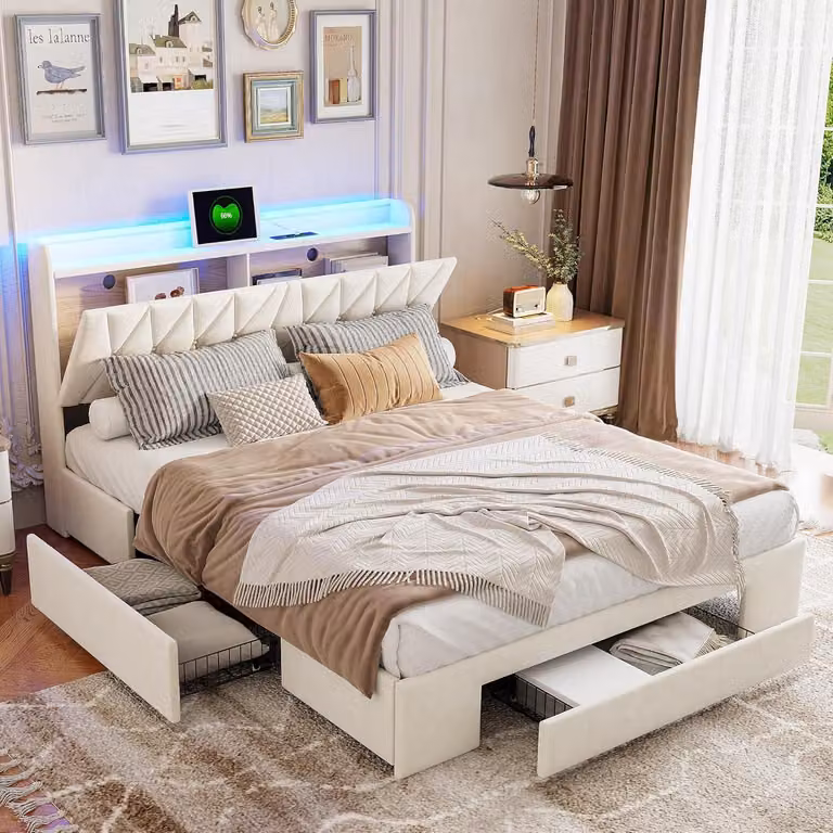 Struttura letto - Letto matrimoniale - Letto imbottito - Letto contenitore - Divano letto - 140x200 cm - Funzione di ricarica USB