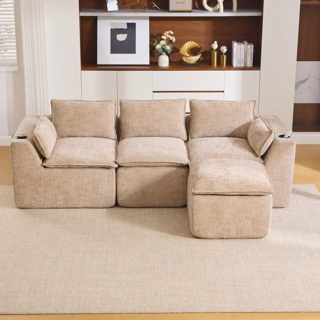 Divano modulare a 3 posti con pouf e cuscini; ciniglia color cachi; 256x161x75 cm