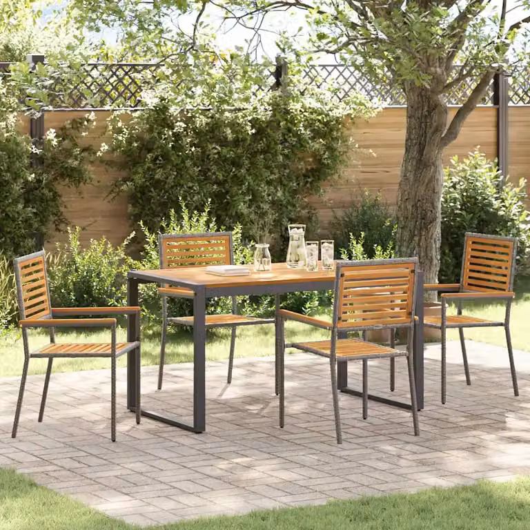 Set da pranzo per giardino e terrazza vidaXL in polyrattan da 5 pezzi, colore grigio e marrone, con tavolo in legno di acacia