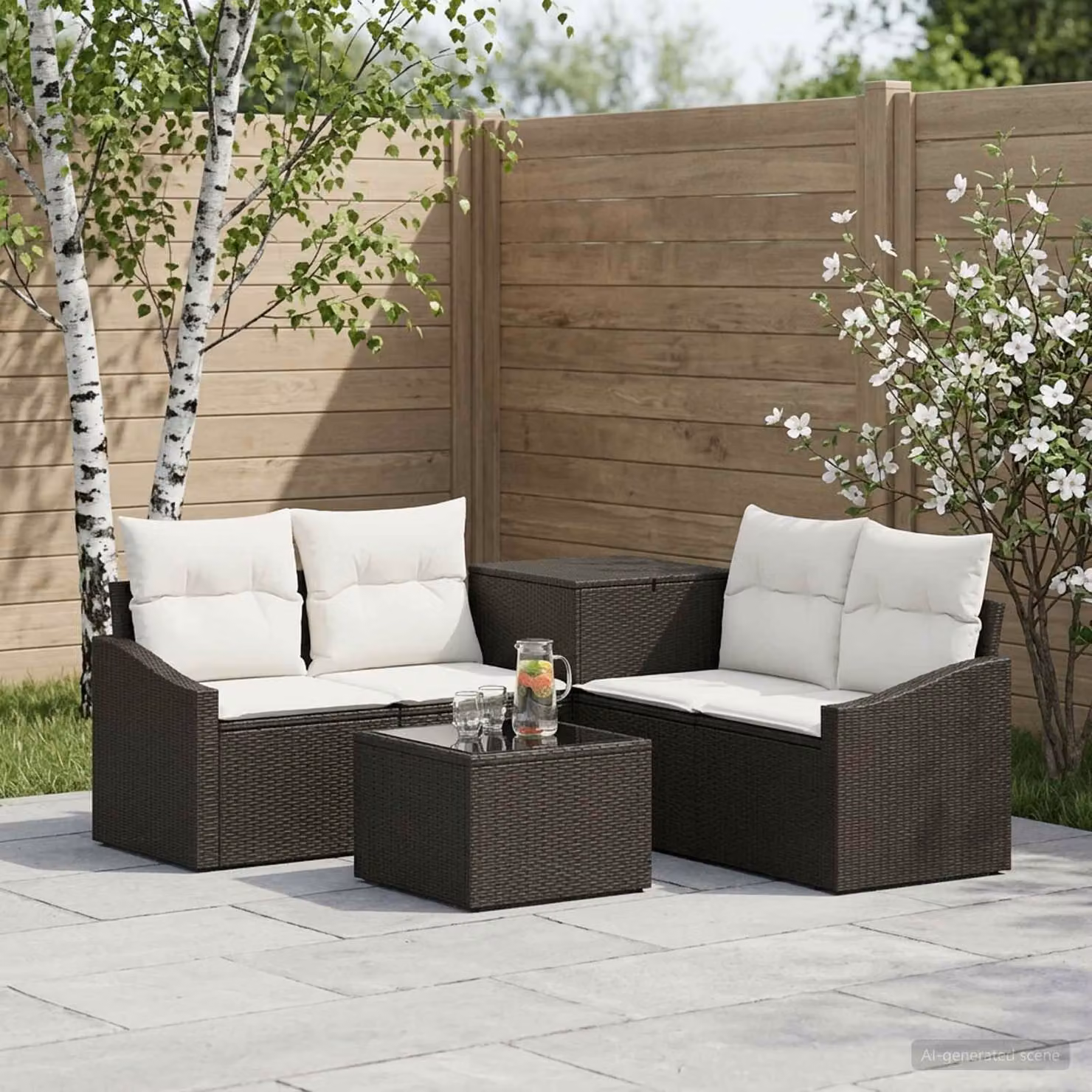 Set di divani da giardino vidaXL a forma di L in polyrattan con tavolino e pouf, nero e bianco crema