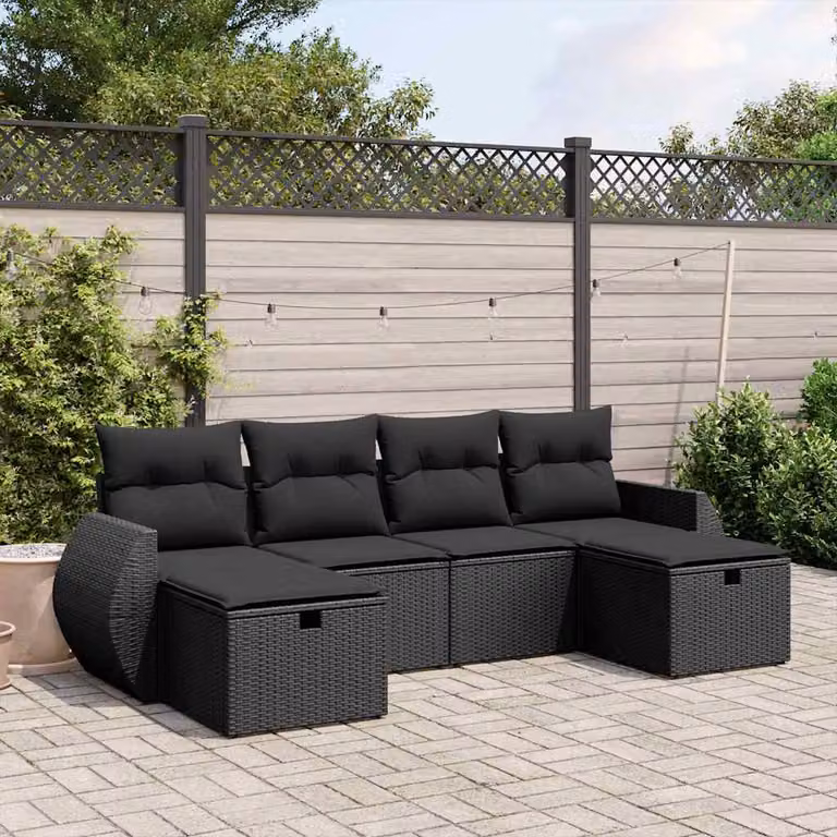 vidaXL Set Divano da Giardino a L 6 pz con Cuscini Nero in Polyrattan e Struttura in Acciaio