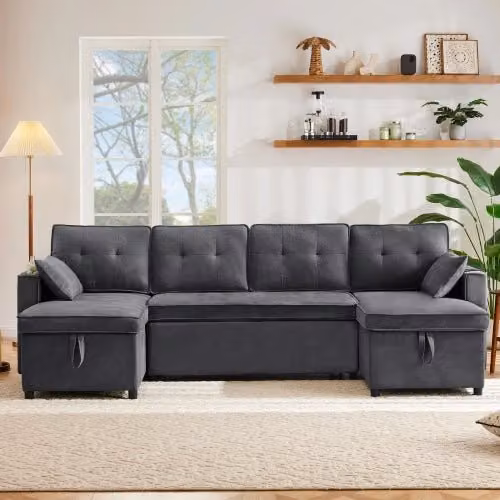 Divano letto a U - Xylo - Tessuto cotone lino grigio, porta bicchieri, 2 spazi di archiviazione