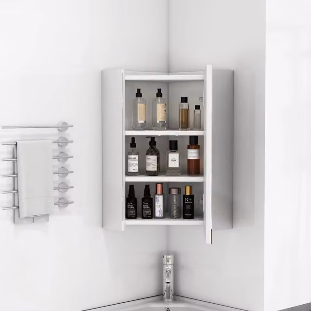 Mobiletto angolare a specchio da parete con specchi su tre lati, cerniere con chiusura ammortizzata, ripiani integrati per piante, completamente