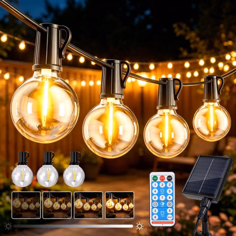 Catena di luci solari per uso esterno, con 26 LED bianco caldo, lunghezza 8 metri, grado di protezione IP65