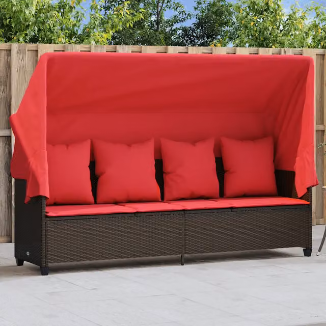 Lettino Prendisole con Baldacchino e Cuscini Marrone Polyrattan 368359