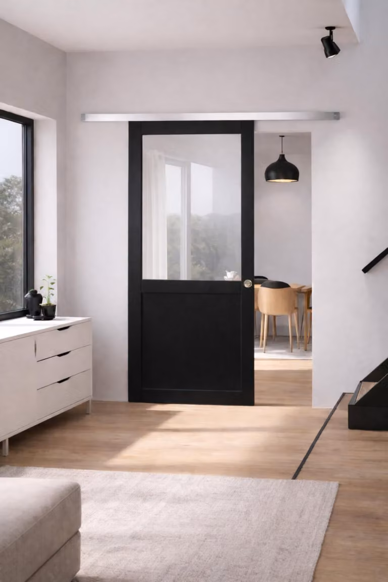 Porta scorrevole da officina nera H204 x L83 cm senza traverso, binario in alluminio, conchiglie Gd Menuiseries