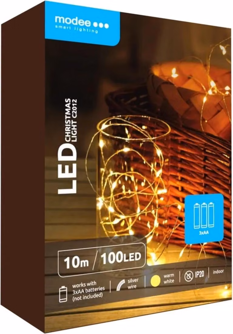 Modee Lighting Catena di Natale a LED 100 LED 10m 3xAA bianco caldo
