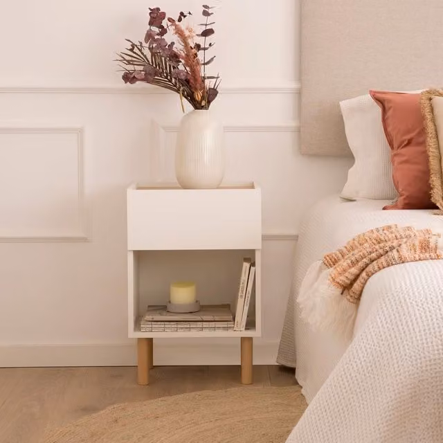 Comodino Banak in stile scandinavo bianco opaco e beige