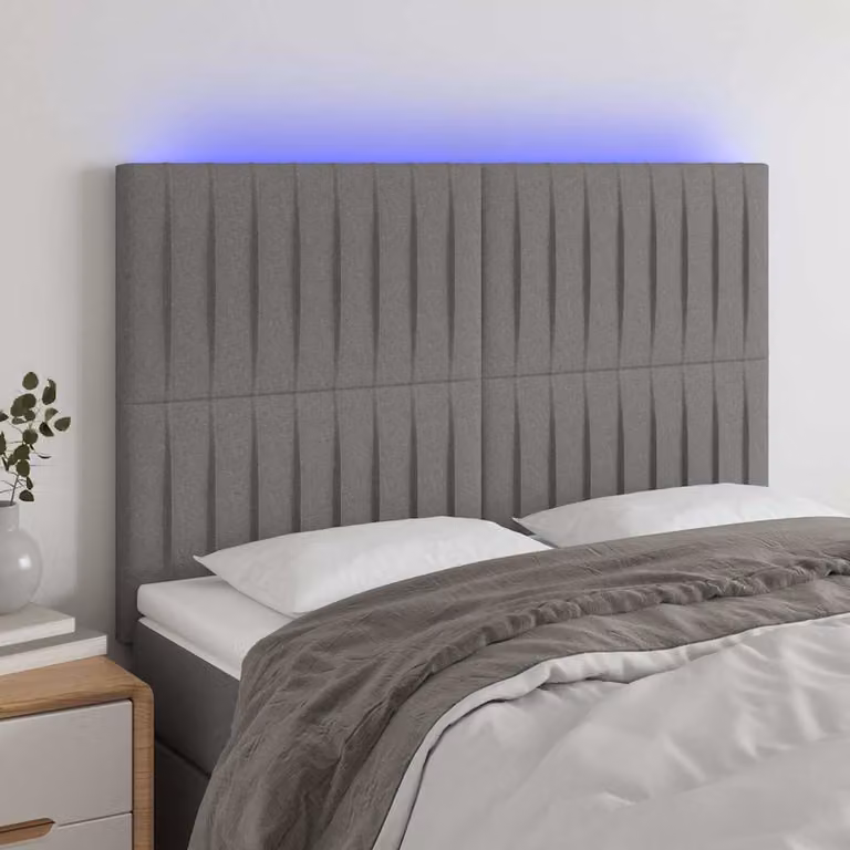 Testiera per letto con LED e porta USB vidaXL in tessuto grigio, L: 144 cm, P: 5 cm, H: 118-128 cm