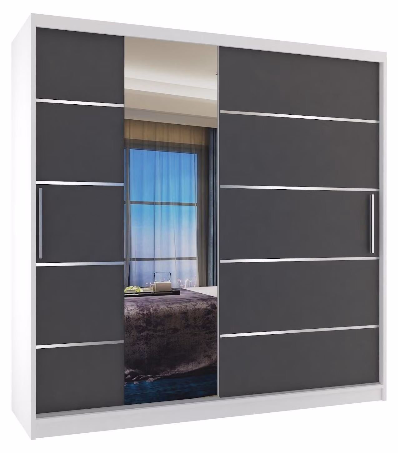 BELINI Verona, armadio scorrevole da 200 cm, bianco/grigio opaco - armadio con specchio e 2 cassetti, ideale per la camera da letto