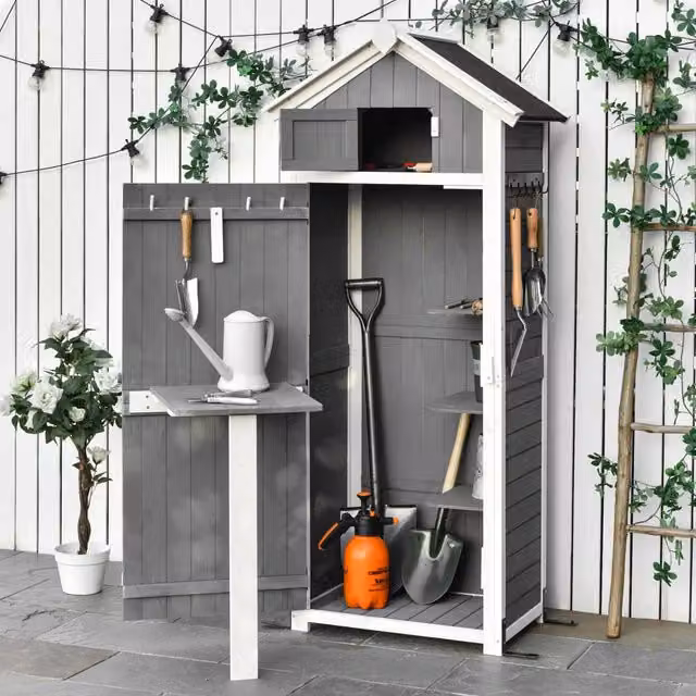 Armadio da giardino con ripiani, ganci e tavolo pieghevole in legno grigio scuro 78 × 52.5 × 182 cm