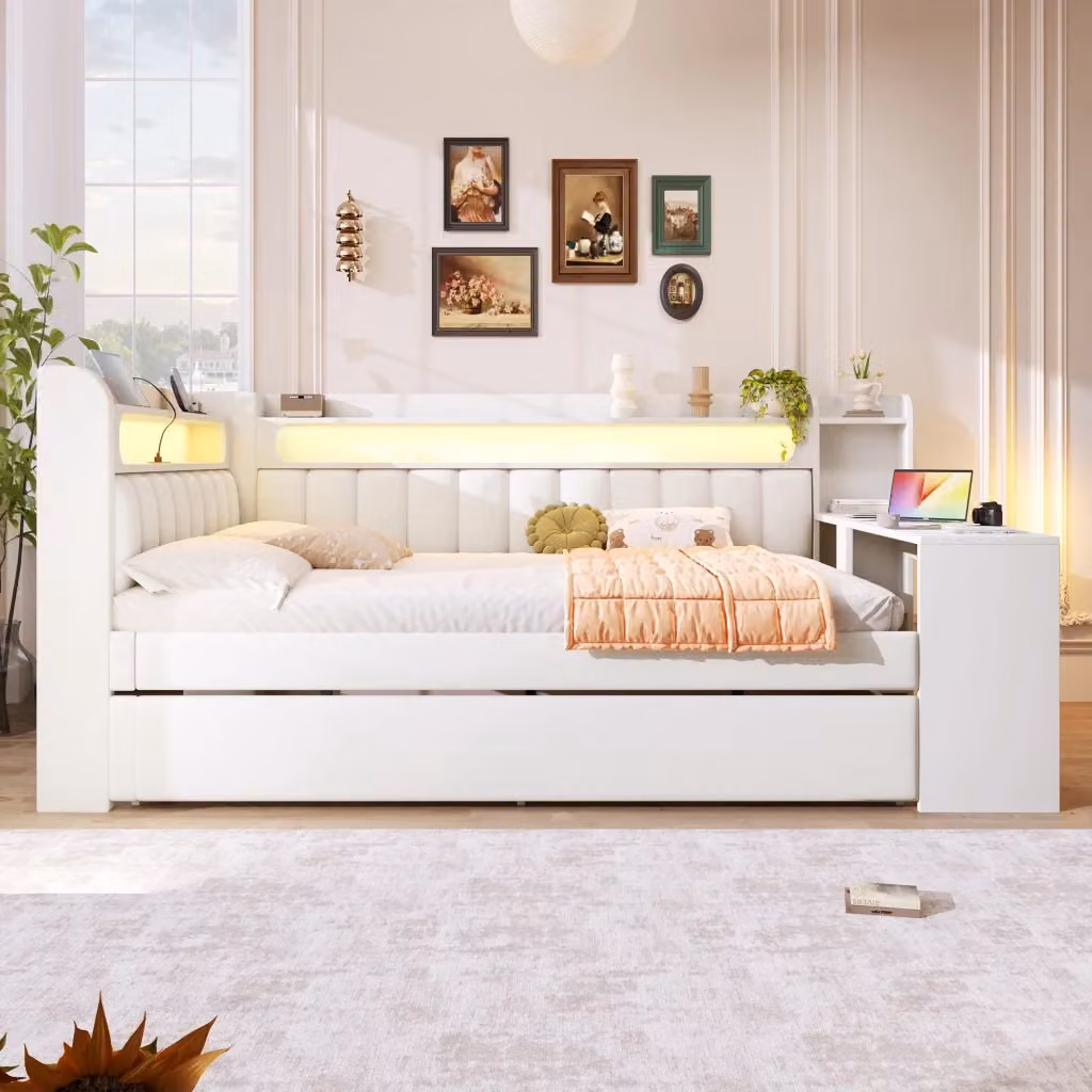 Letto Divano Matrimoniale con Letto Estrattibile e Scrivania, Colore Multicolore, con Porte USB, Illuminazione LED e Cassetti, L/P/H: 237 x 140 x 200 cm – 2