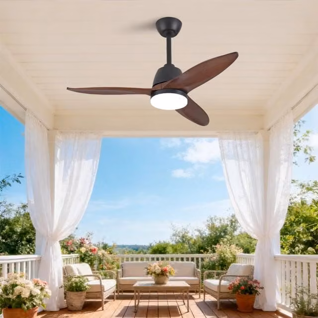 Ventilatore da soffitto moderno con LED dimmerabile e 3 pale in legno massello, colore nero e noce scuro, diametro 106,68 cm