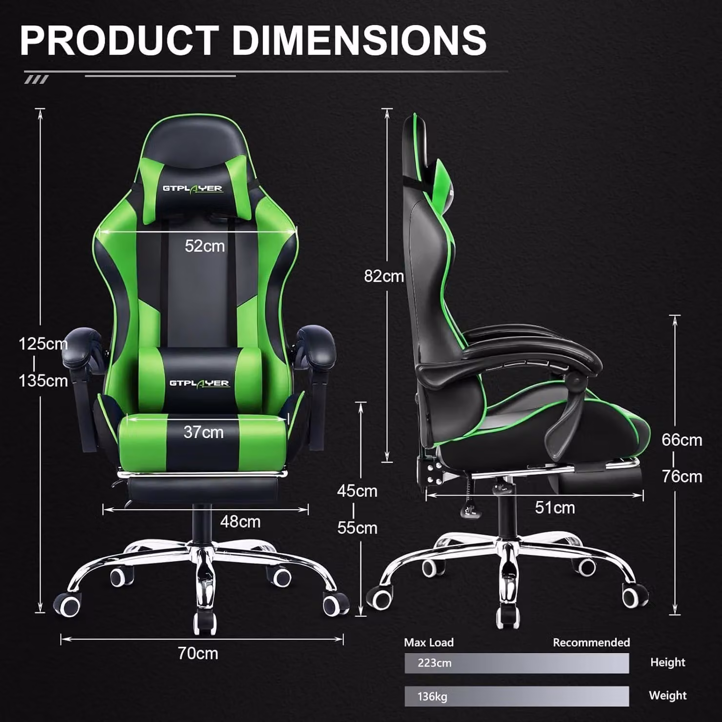 Sedia da gaming ergonomica con poggiapiedi, funzione di massaggio e rivestimento in pelle verde
