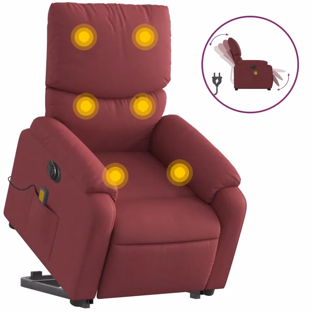 vidaXL Poltrona Alzapersona Elettrica con Massaggio in Tessuto e Finta Pelle, Colore Rosso – 2