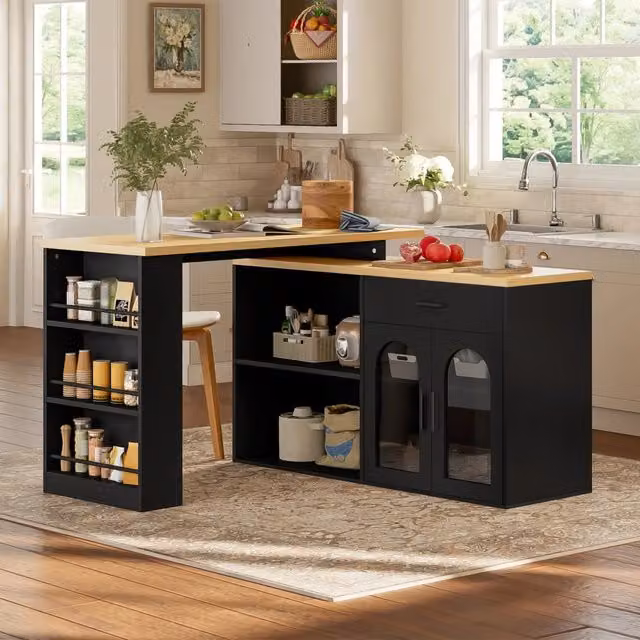 Isola da cucina WISHDOR con piano girevole 360°, mobile contenitore, scrivania e credenza con ripiani, Nero/Naturale, L: 136,0 cm, P: 50,0 cm, H: 78,0 cm