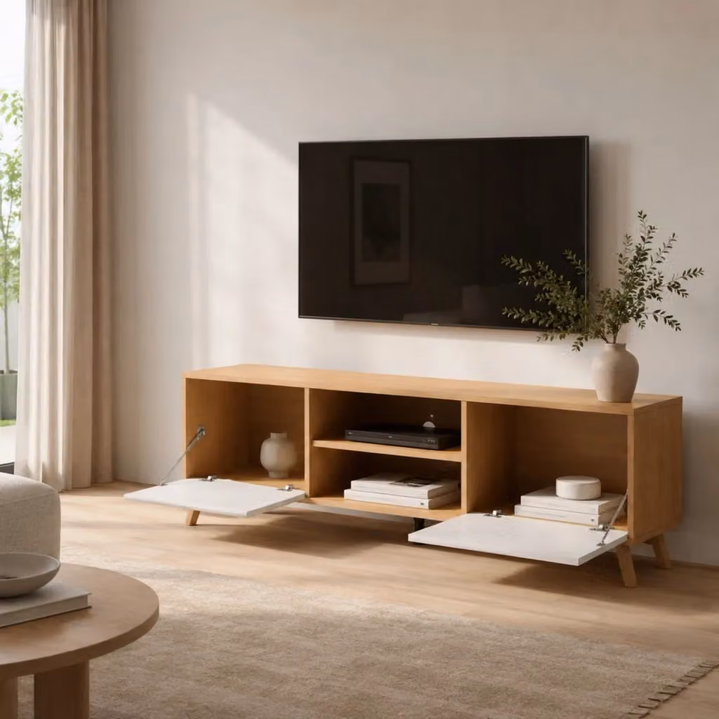Mobile Porta TV Scandinavo Bianco e Rovere con 2 Ante e Ripiani Aperti L 180 x P 39,6 x H 49 cm – 2