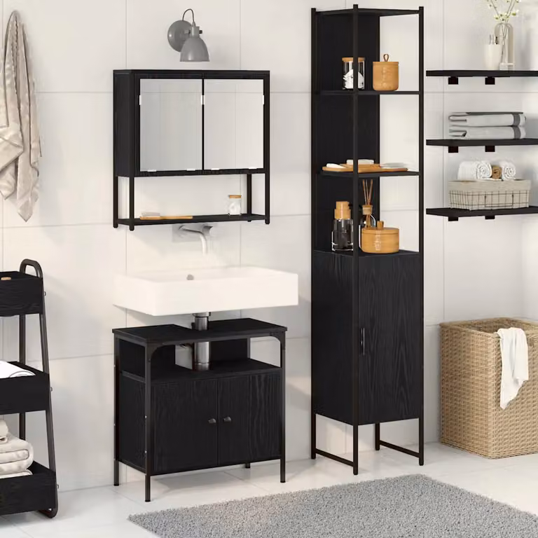 Set di mobili per il bagno vidaXL in 3 pezzi, colore nero opaco, composto da armadietto con specchio, mobile sottolavabo e colonna alta, L/P/H: 60,0 x 33,0 x 185,5 cm