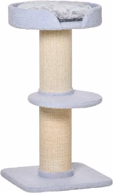 Tiragraffi per gatti PawHut con lettino a amaca, rivestimento in peluche e palo in sisal sostituibile, Azzurro, L 45 x P 45 x H 91 cm – 1