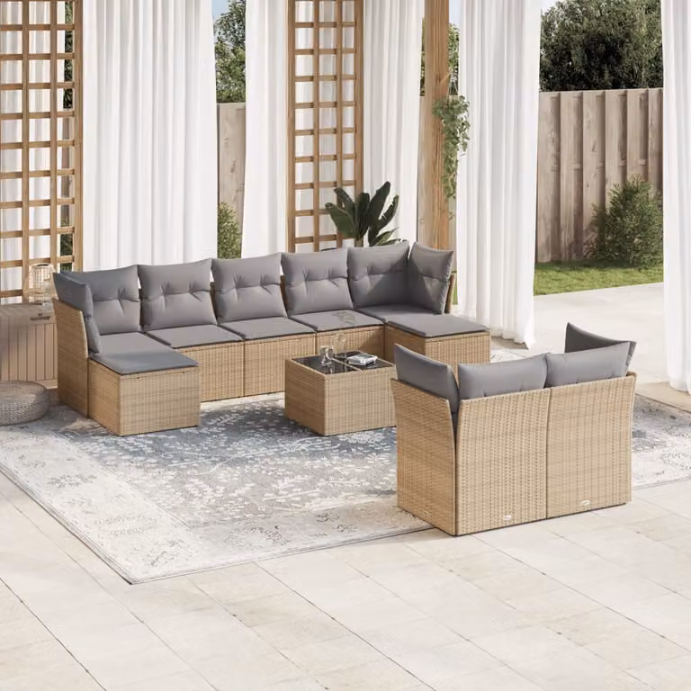 vidaXL Set Divano da Giardino 10 pz in Polyrattan Beige con Cuscini Imbottiti e Tavolino