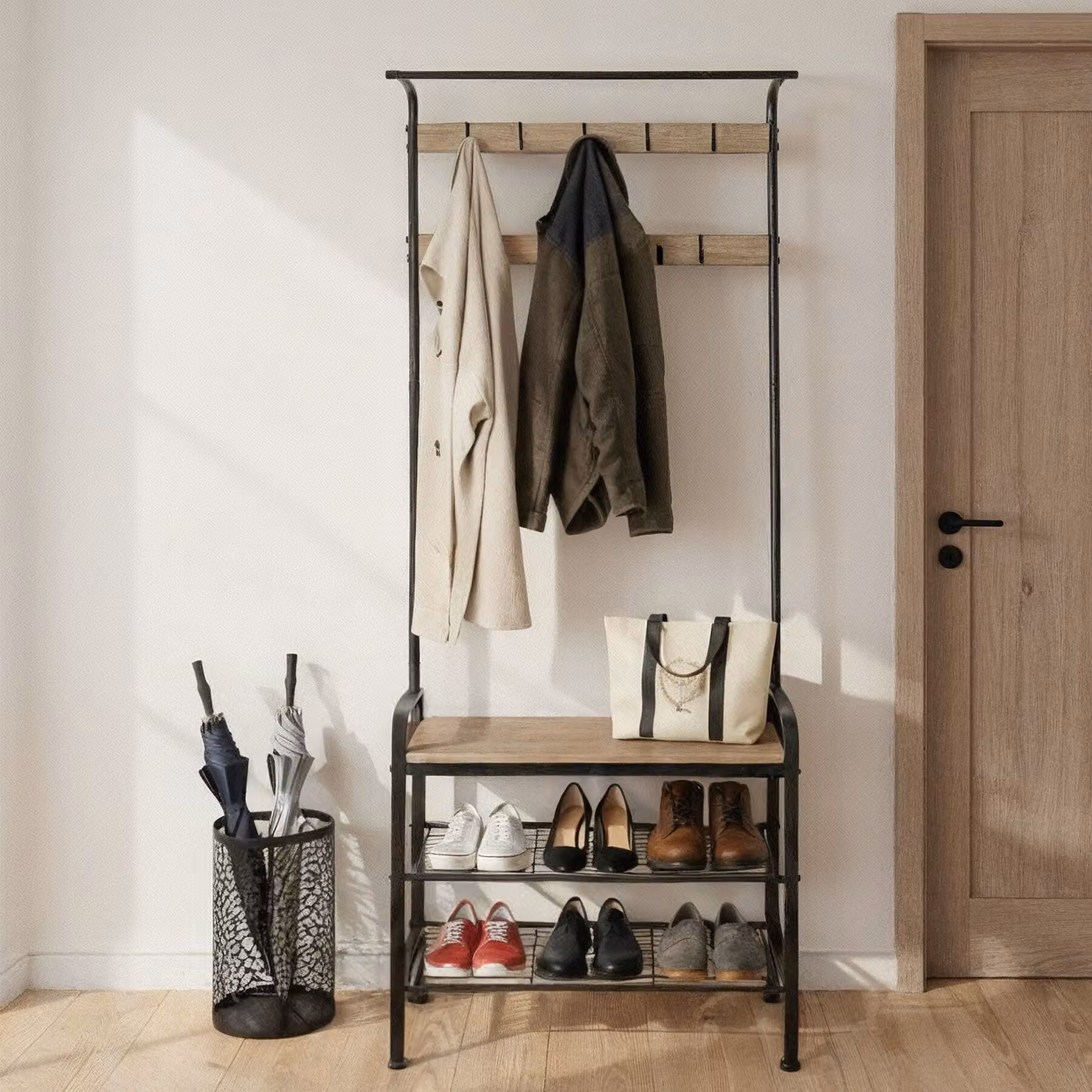 Guardaroba con panca in stile industriale TecTake GmbH, colore rovere, L: 73,5 cm, P: 36,0 cm, H: 184,0 cm – 2
