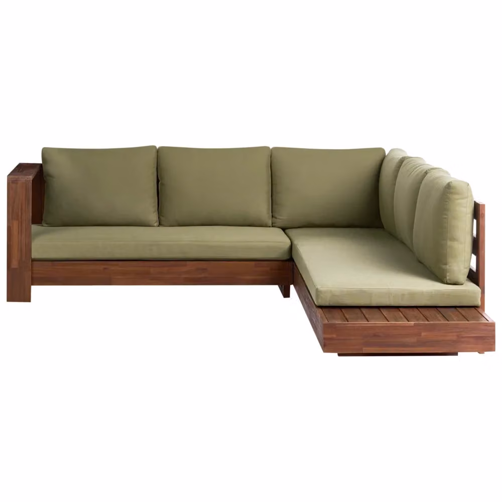 Divano angolare da esterno Beliani in legno di acacia con set tavolino, lato destro, colore verde e marrone – 2