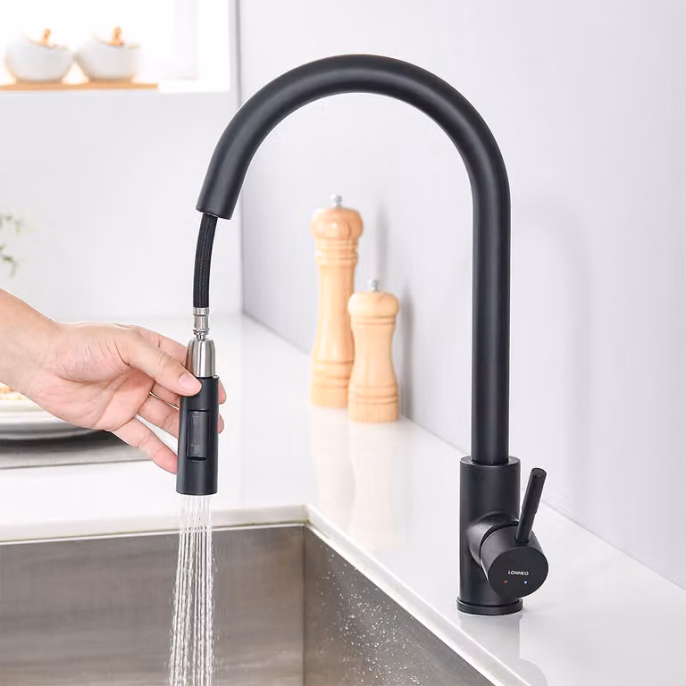 Lonheo: miscelatore da cucina nero ad alta pressione; miscelatore da cucina estraibile con 2 tipi di getto; miscelatore da lavello girevole a 360° con doccetta