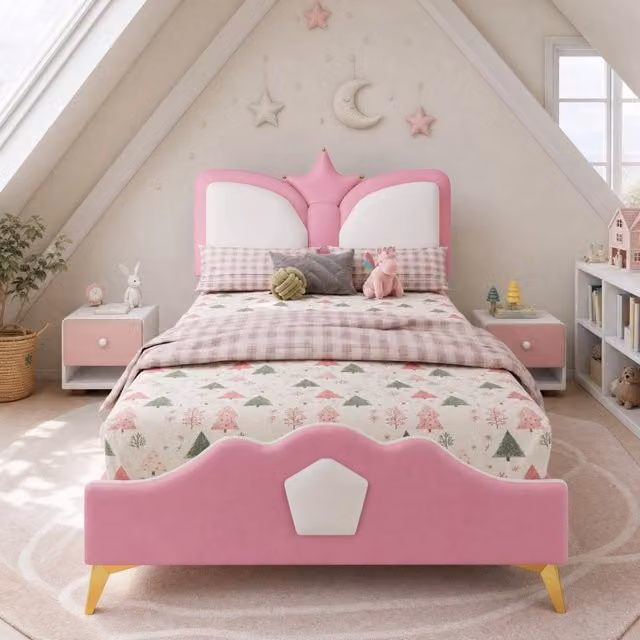 Letto per bambini 90x200 cm rosa e bianco con testiera a corona, senza materasso