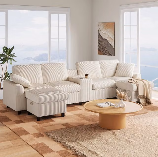 Divano a U 315x135x81 cm in velluto a coste beige con 2 pouf contenitore HOMVRA
