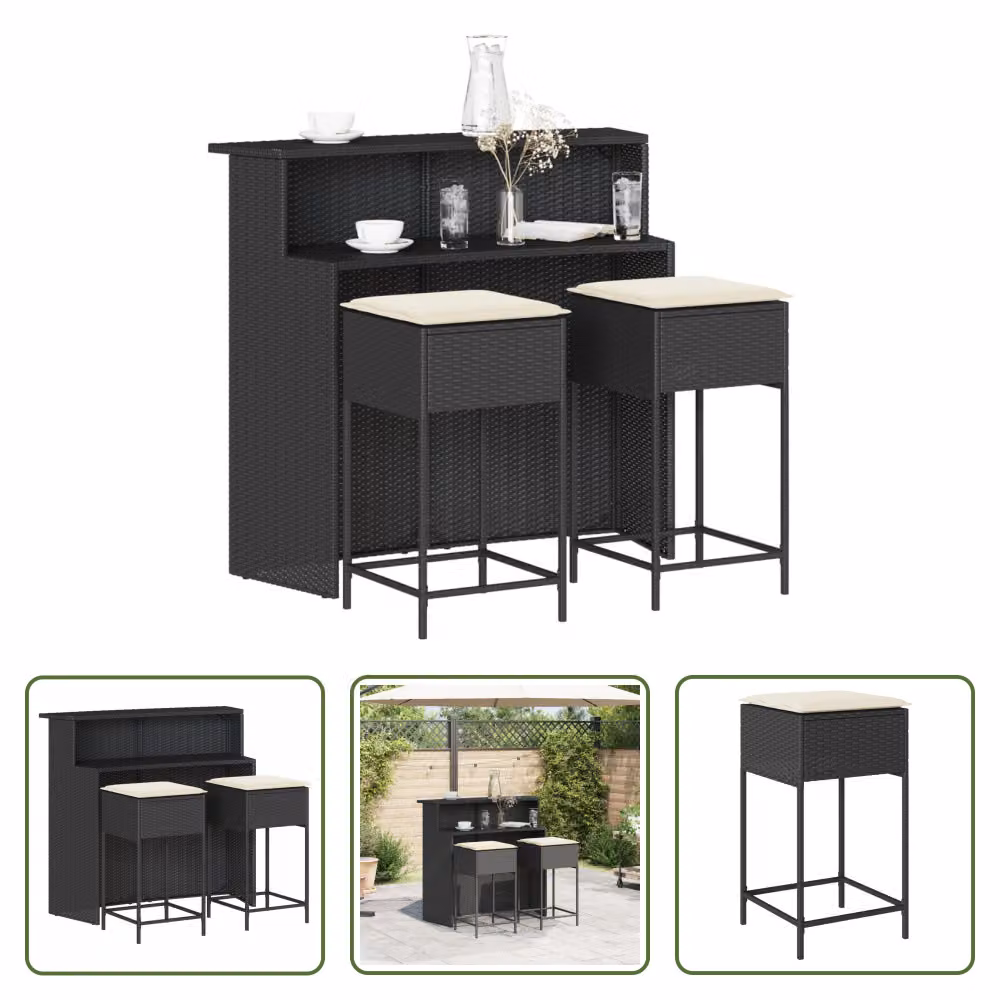 The Living Store Set da bar da giardino in 3 pezzi con cuscini in rattan polivalente nero