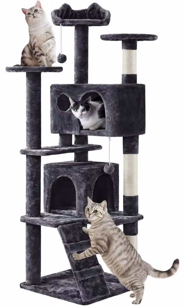 Yaheetech, albero per gatti alto 158 cm, robusto, con 2 tane, colore nero