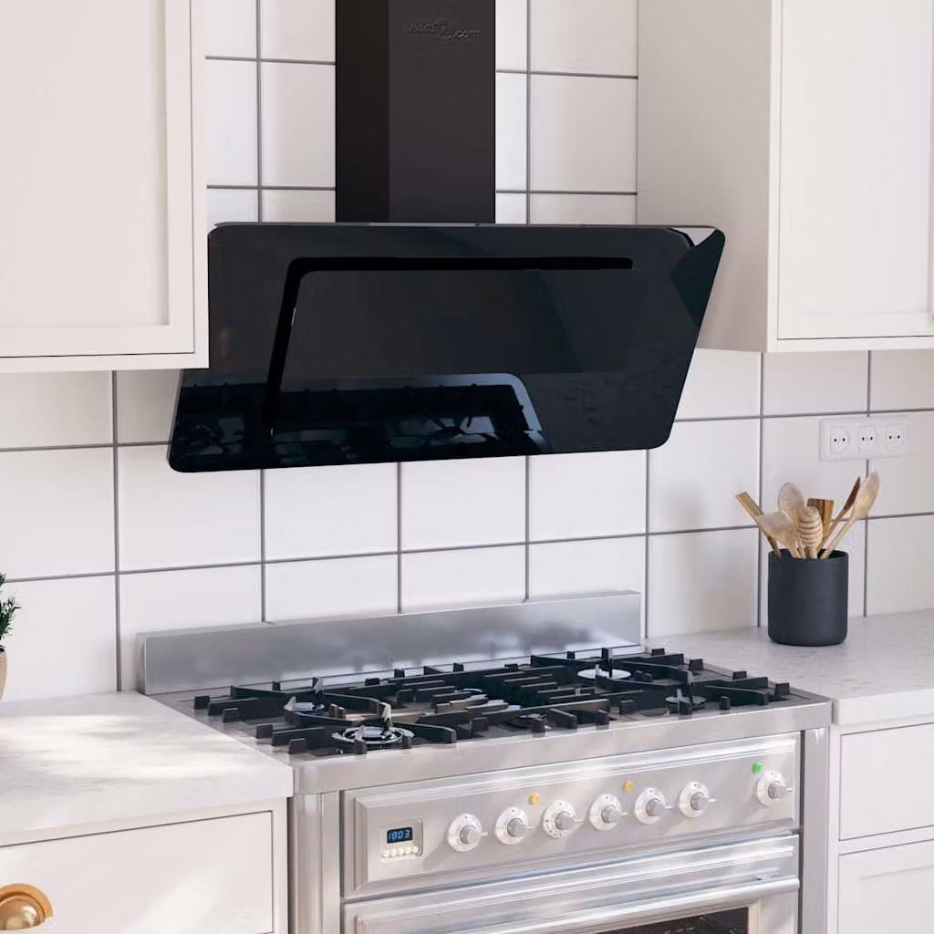 Cappa a parete vidaXL in acciaio inox, vetro e alluminio con display LED, colore nero, L: 90 cm