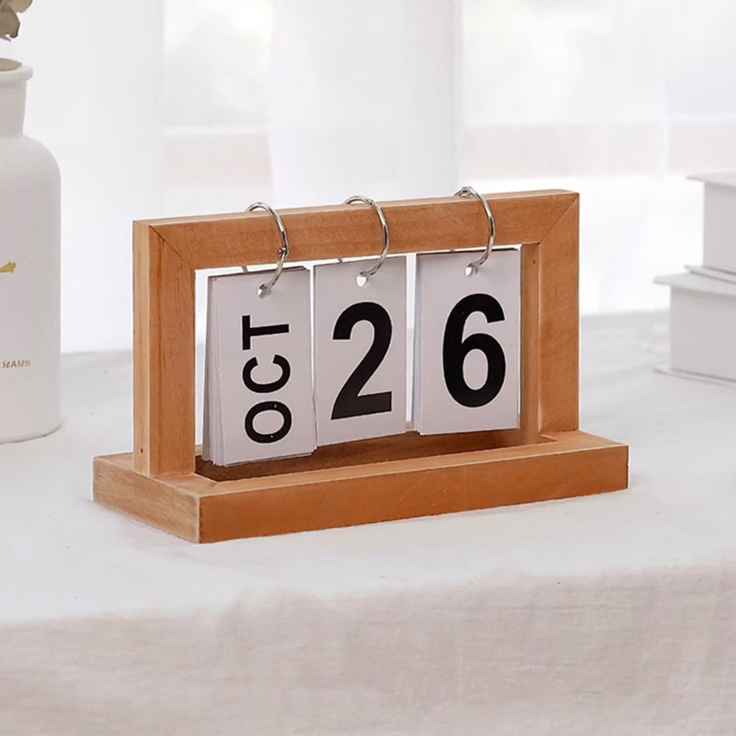 Calendario perpetuo in legno, calendario a ribalta per scrivania, decorazione, 20 x 9 x 12 cm, colore giallo