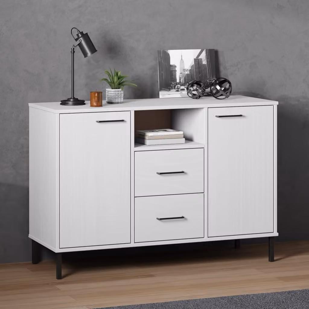 Credenza OSLO vidaXL in legno massello di pino e metallo, colore bianco, L/P/H: 113 x 40 x 77 cm