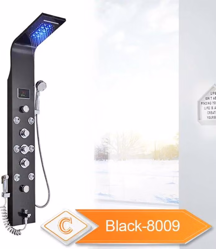 Pannello doccia, luce LED, modalità pioggia e cascata, colore nero 8009