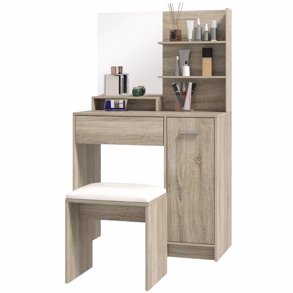 Toeletta Xylo con specchio, sgabello, cassetto e ripiani aperti regolabili, Beige Naturale, L: 132 cm, P: 40 cm, H: 10 cm – 2