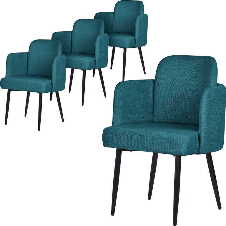 ML-Design set di 4 sedie da pranzo Rivestimento in tessuto petrolio Sedia da cucina con braccioli e schienale in rattan Sedia imbottita con gambe in metallo Ergonomica