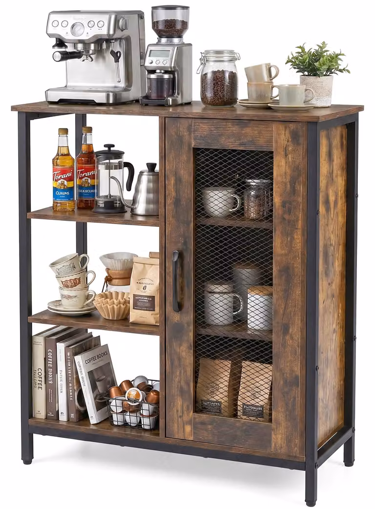 KOMFOTTEU, mobiletto contenitore in legno, credenza con 3 vani aperti e ante a griglia