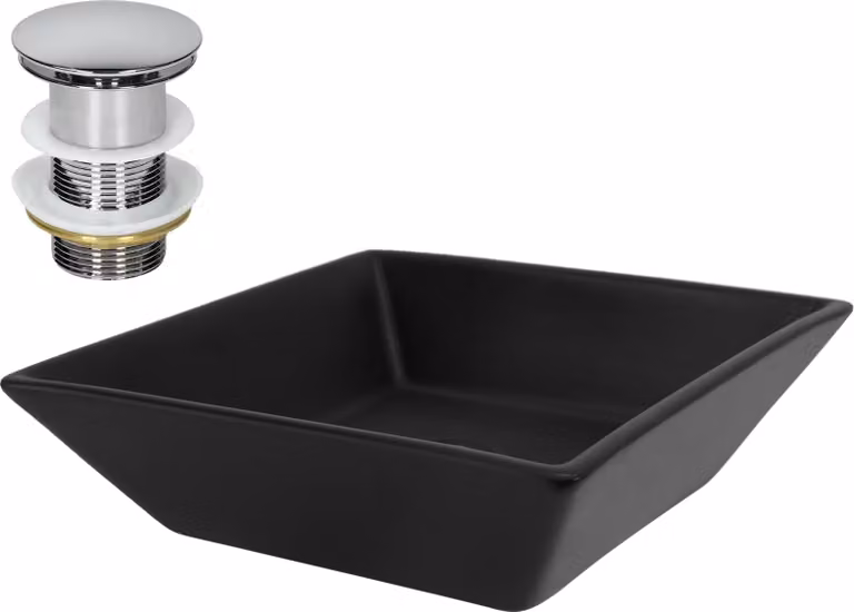LuxeBath lavabo Lavabo da appoggio quadrato, 41x41x12 cm, nero, Vetroceramica, incl. set di scarico senza troppopieno